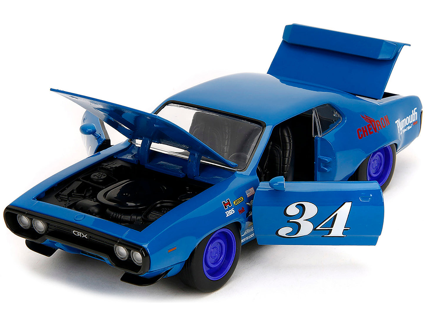 1972 Plymouth GTX #34 Blue with Graphics "Bigtime Muscle" Series 1/24 Diecast Model Car by Jada