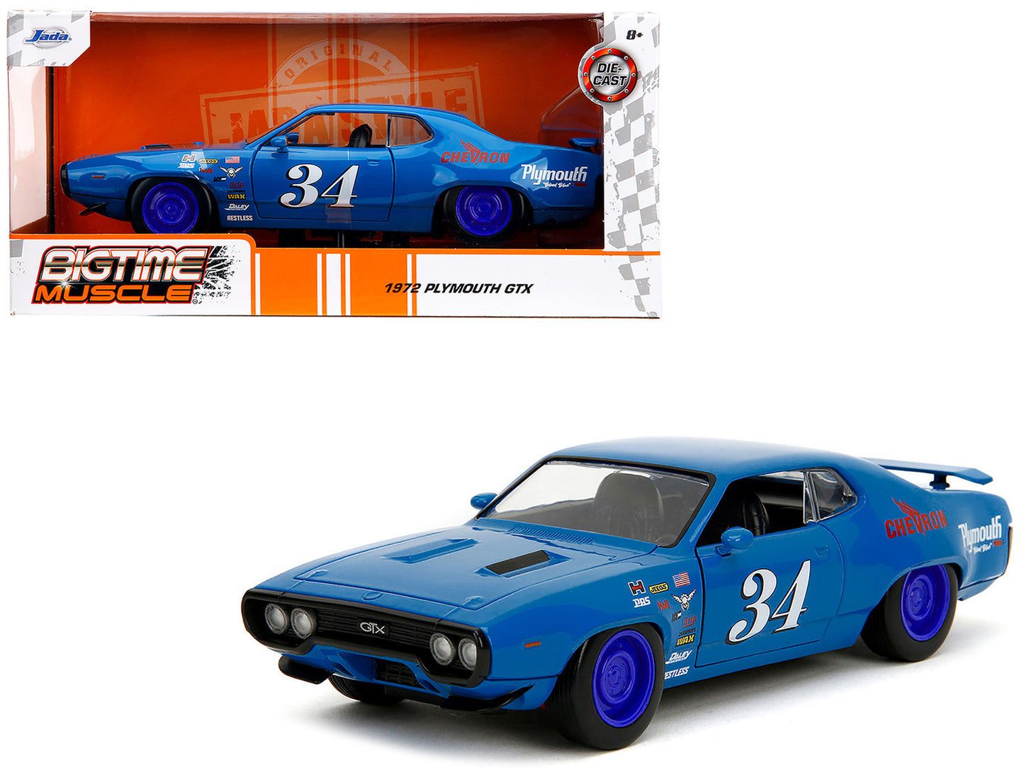 1972 Plymouth GTX #34 Blue with Graphics "Bigtime Muscle" Series 1/24 Diecast Model Car by Jada