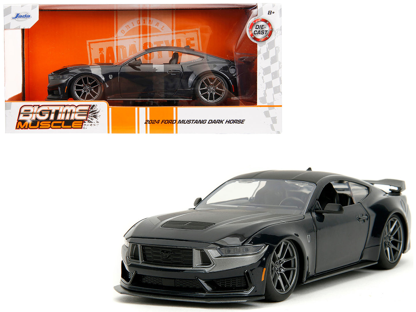 2024 Ford Mustang Dark House Black Metallic with Matt Black Hood and Top "Bigtime Muscle" Series 1/24 Diecast Model Car by Jada