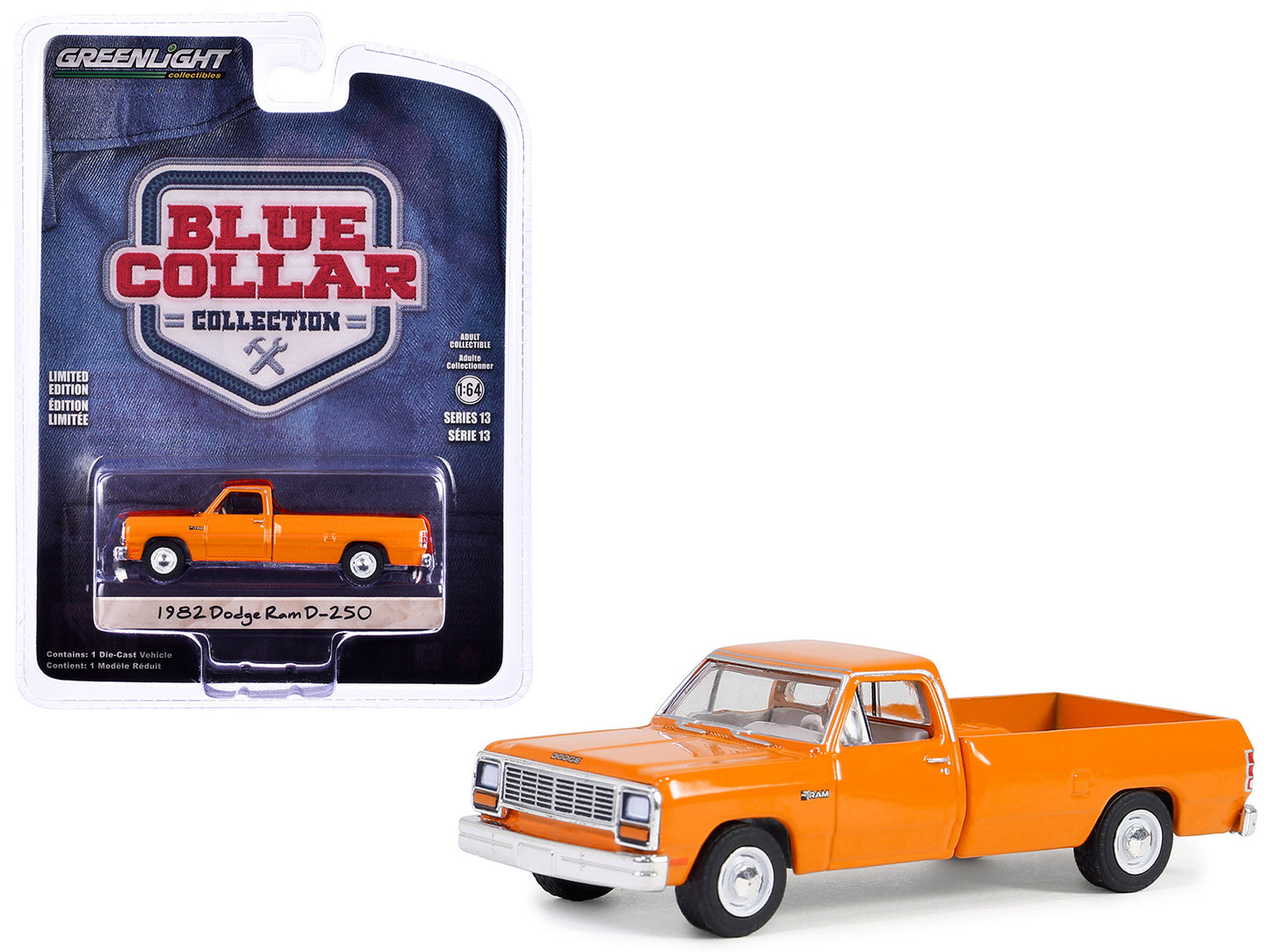 1982 Dodge Ram D-250 Pickup Truck DOT Orange "Blue Collar Collection" Series 13 1/64 Diecast Model Car by Greenlight