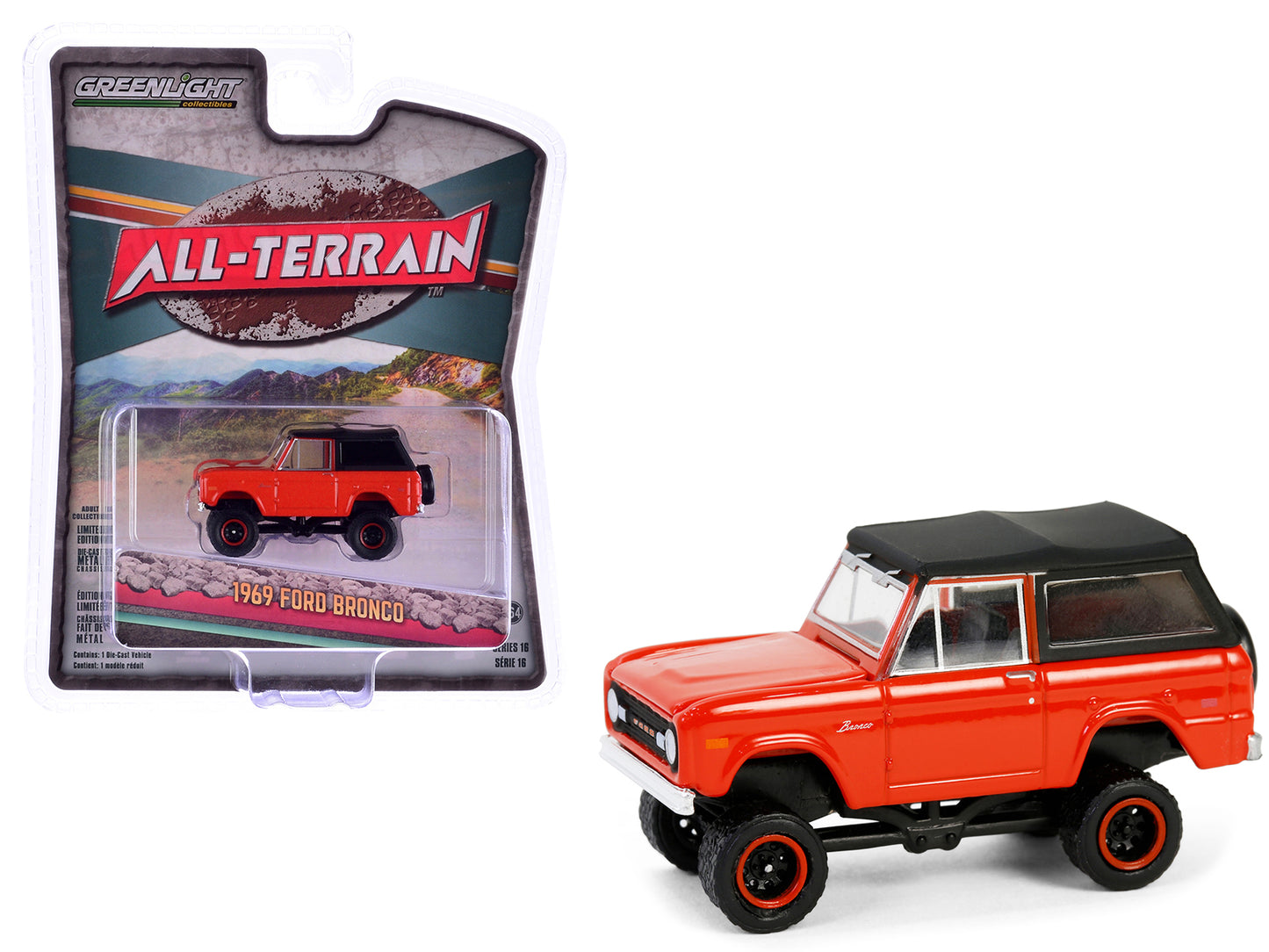 1969 Ford Bronco Poppy Red with Black Soft Top "All Terrain" Series 16 1/64 Diecast Model Car by Greenlight