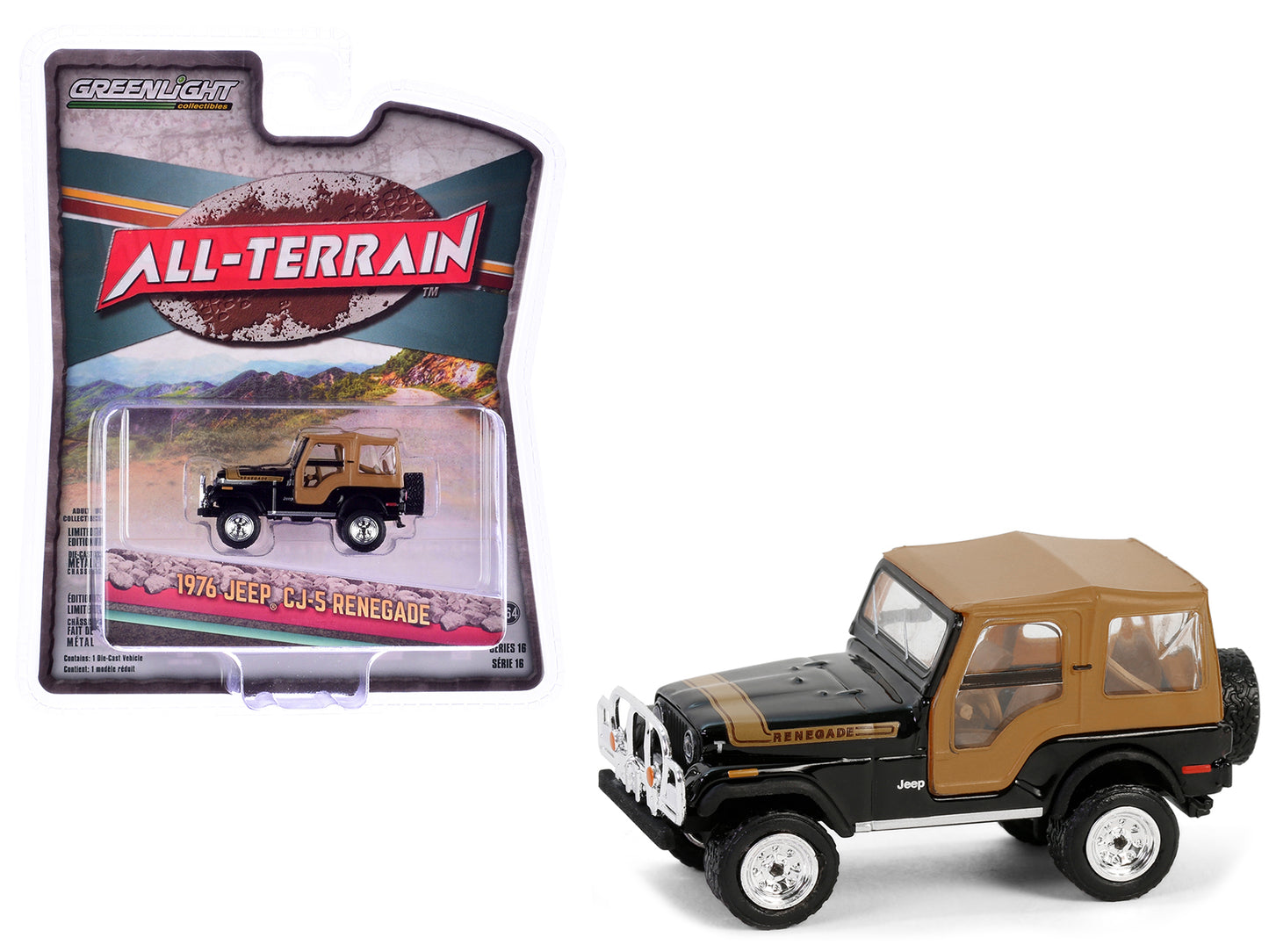 1976 Jeep CJ-5 Renegade Black with Brown Top and Stripe "All Terrain" Series 16 1/64 Diecast Model Car by Greenlight