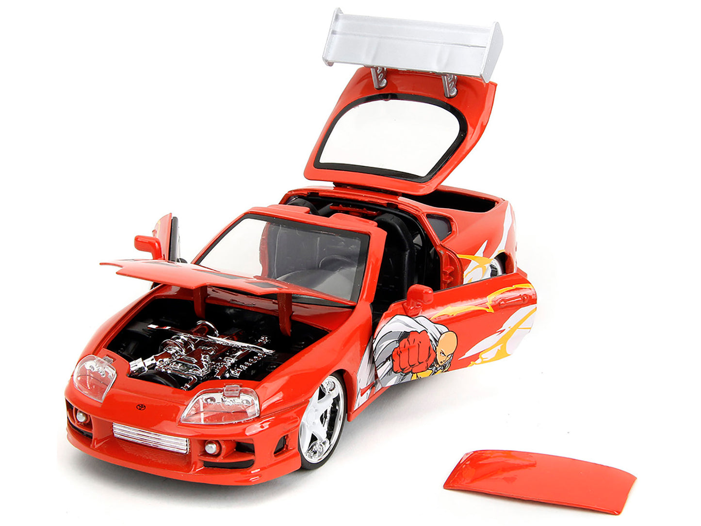 1995 Toyota Supra Red with Graphics and Saitama Diecast Figure "One Punch Man" (2015-2019) TV Series 1/24 Diecast Model by Jada