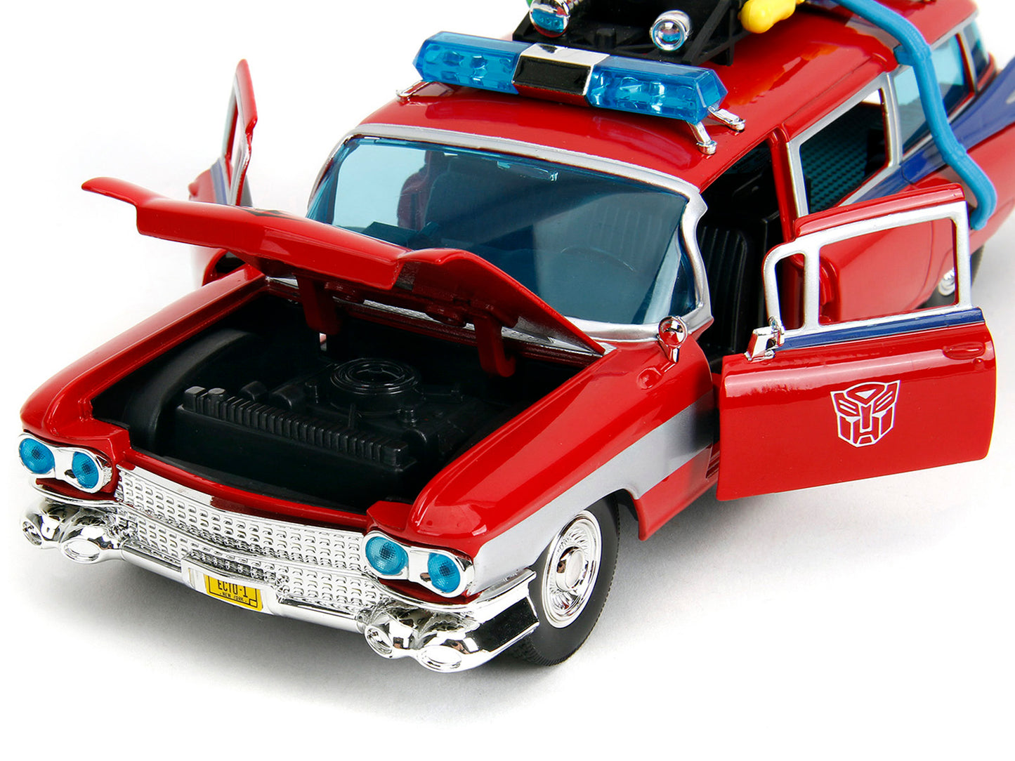 1959 Cadillac Ambulance Ecto-1 Red "Transformers" TV Series - "Ghostbusters" (1984) Movie Crossover "Hollywood Rides" Series 1/24 Diecast Model Car by Jada