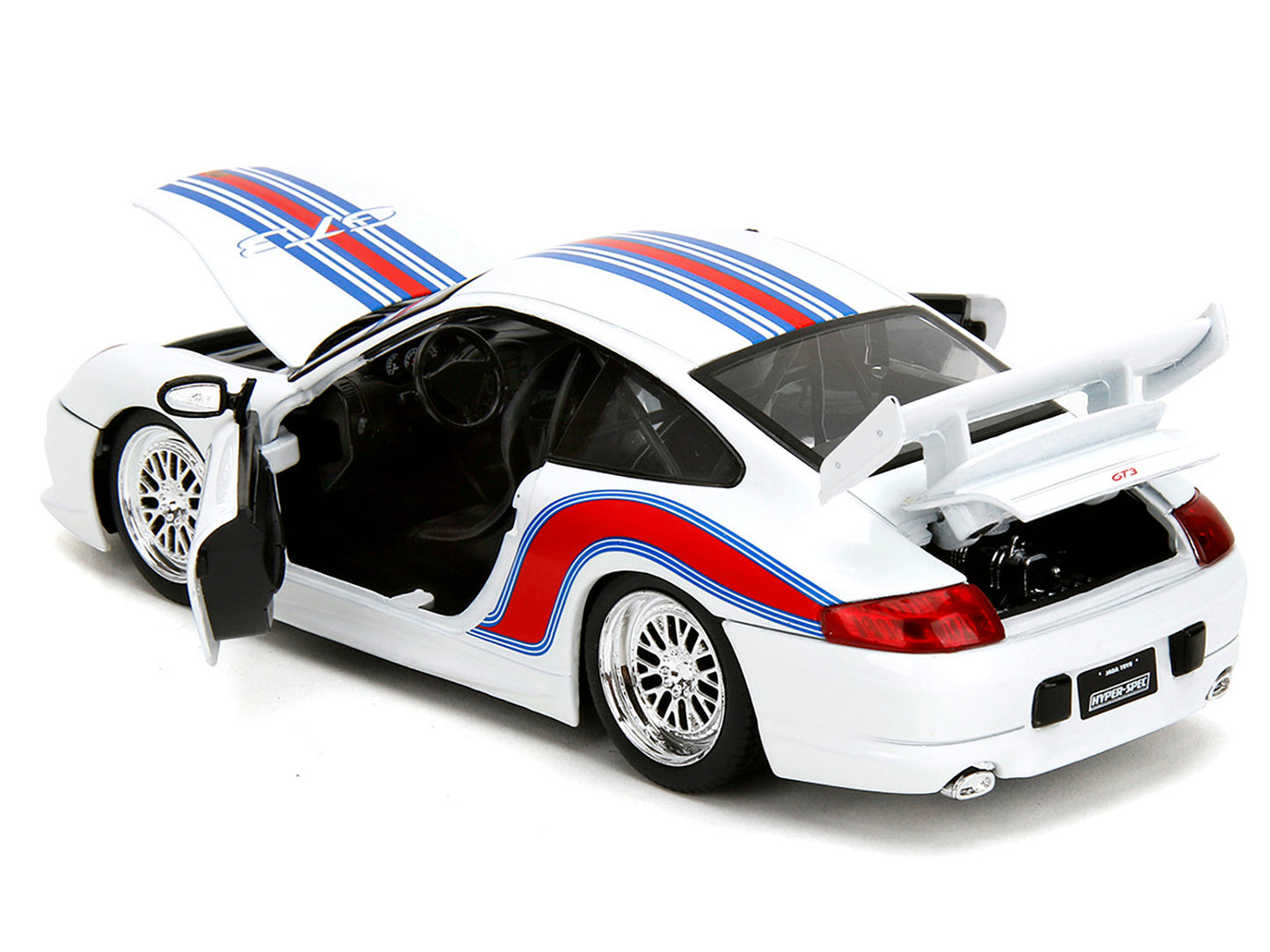 Porsche 911 GT3 (996) White with Red and Blue Stripes "Hyper-Spec" Series 1/24 Diecast Model Car by Jada