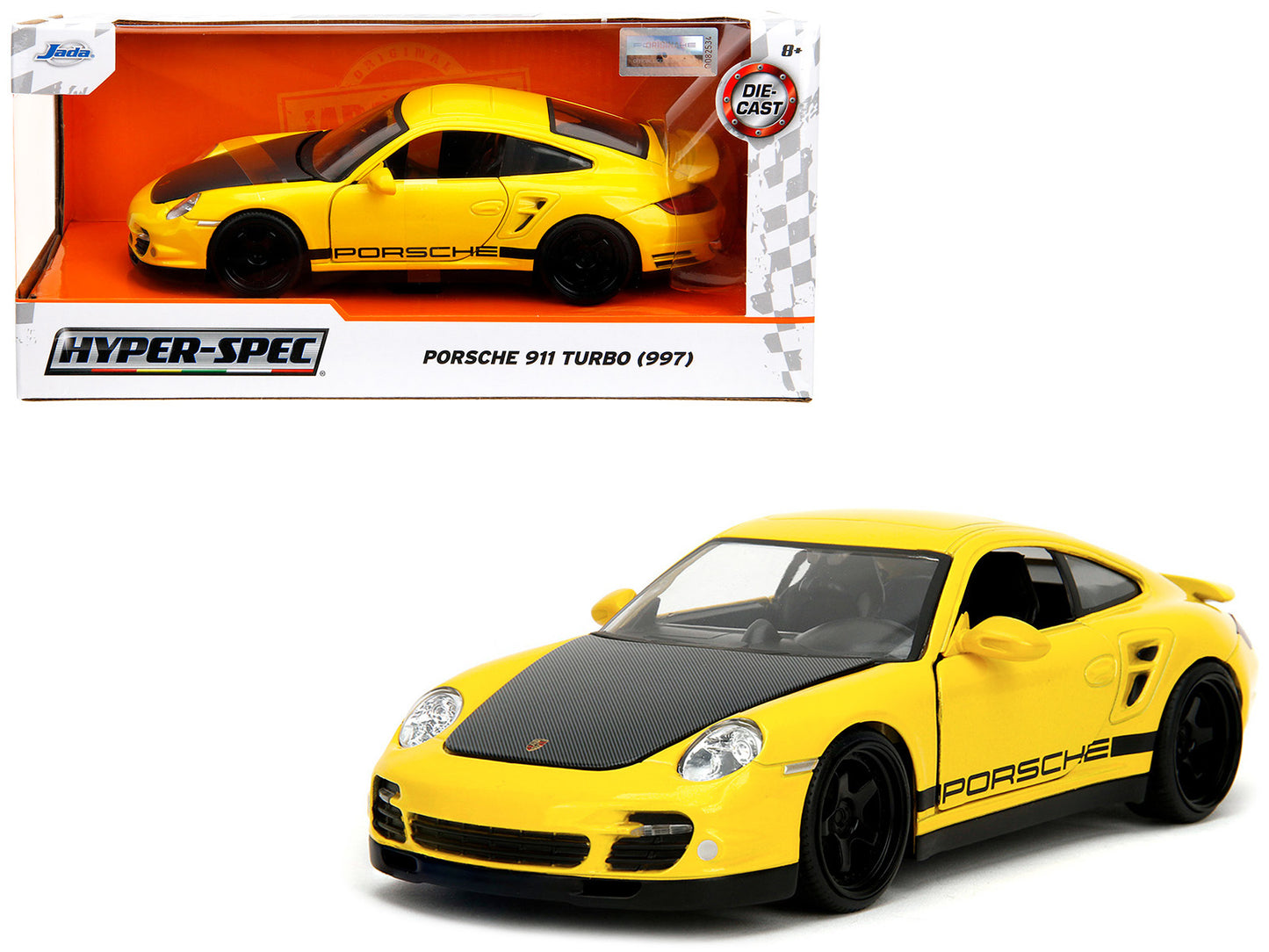 Porsche 911 Turbo (997) Yellow with Carbon Hood "Hyper-Spec" Series 1/24 Diecast Model Car by Jada