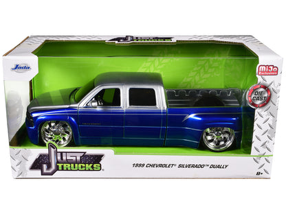 1999 Chevrolet Silverado Dually Pickup Truck Blue Metallic and Silver with Custom KMC Wheels "Just Trucks" Series 1/24 Diecast Model Car by Jada