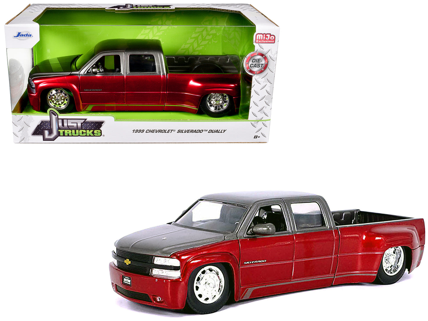 1999 Chevrolet Silverado Dually Pickup Truck Red Metallic and Gray with Stock Wheels "Just Trucks" Series 1/24 Diecast Model Car by Jada