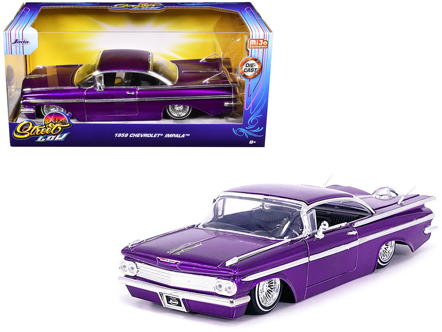 1959 Chevrolet Impala Lowrider Candy Purple with Wire Wheels "Street Low" Series 1/24 Diecast Model Car by Jada