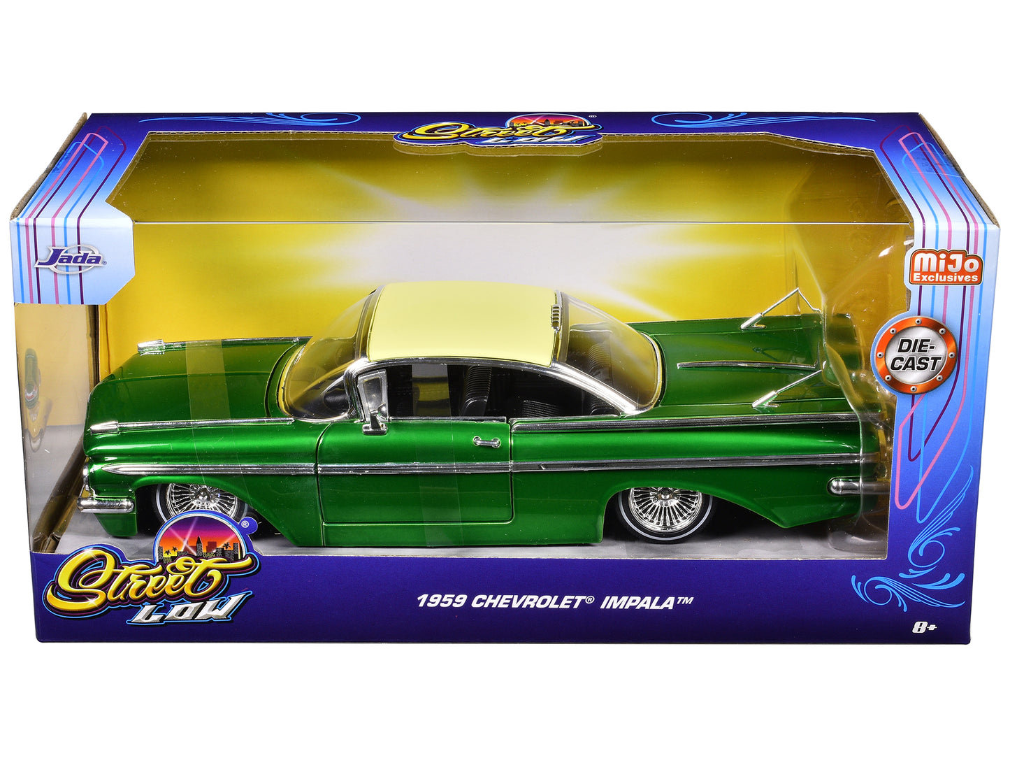 1959 Chevrolet Impala Lowrider Green Metallic with Cream Top and Wire Wheels "Street Low" Series 1/24 Diecast Model Car by Jada