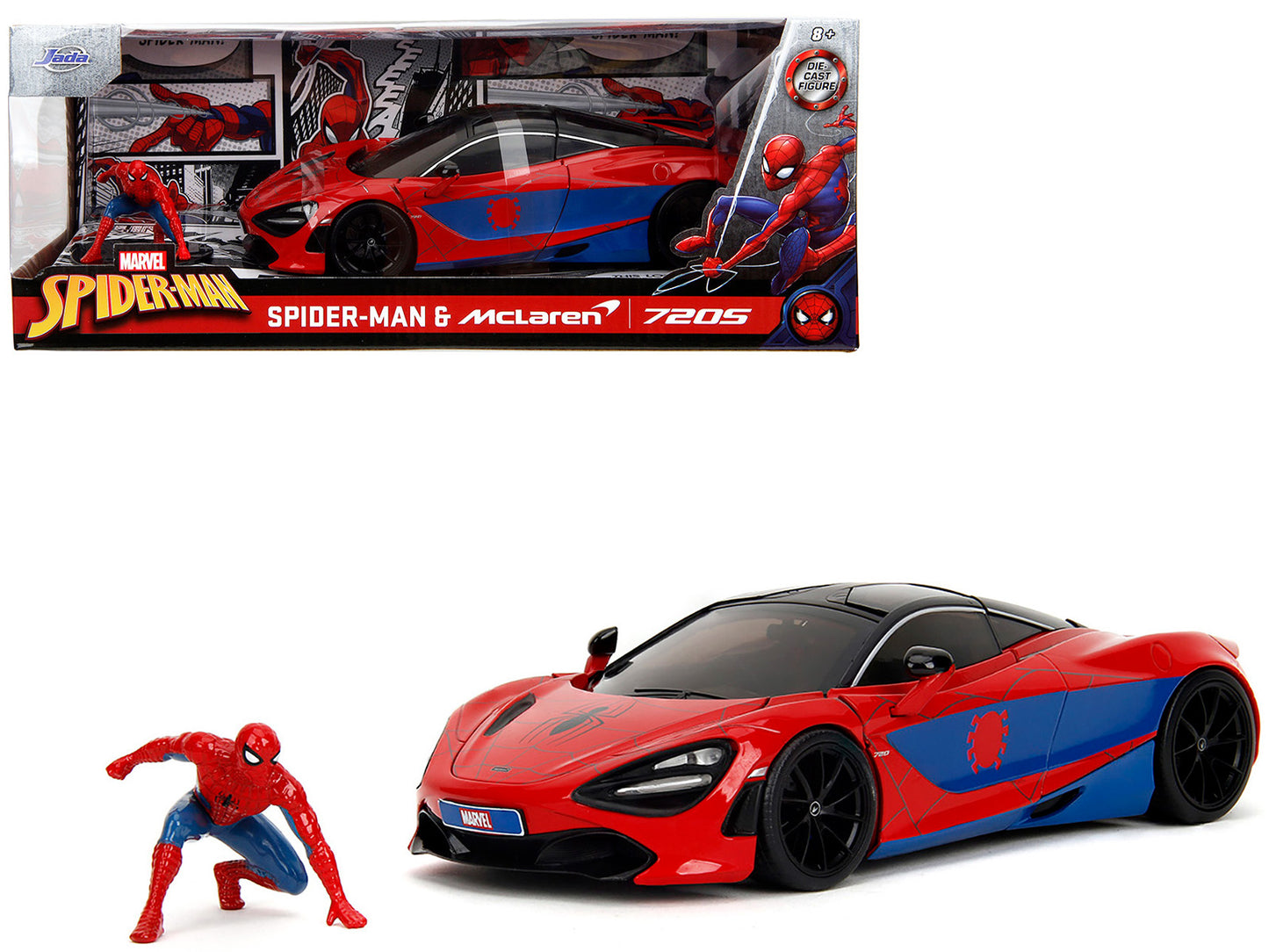 McLaren 720S Red and Blue with Black Top and Graphics and Spider-Man Diecast Figure "Marvel Spider-Man" "Hollywood Rides" Series 1/24 Diecast Model Car by Jada