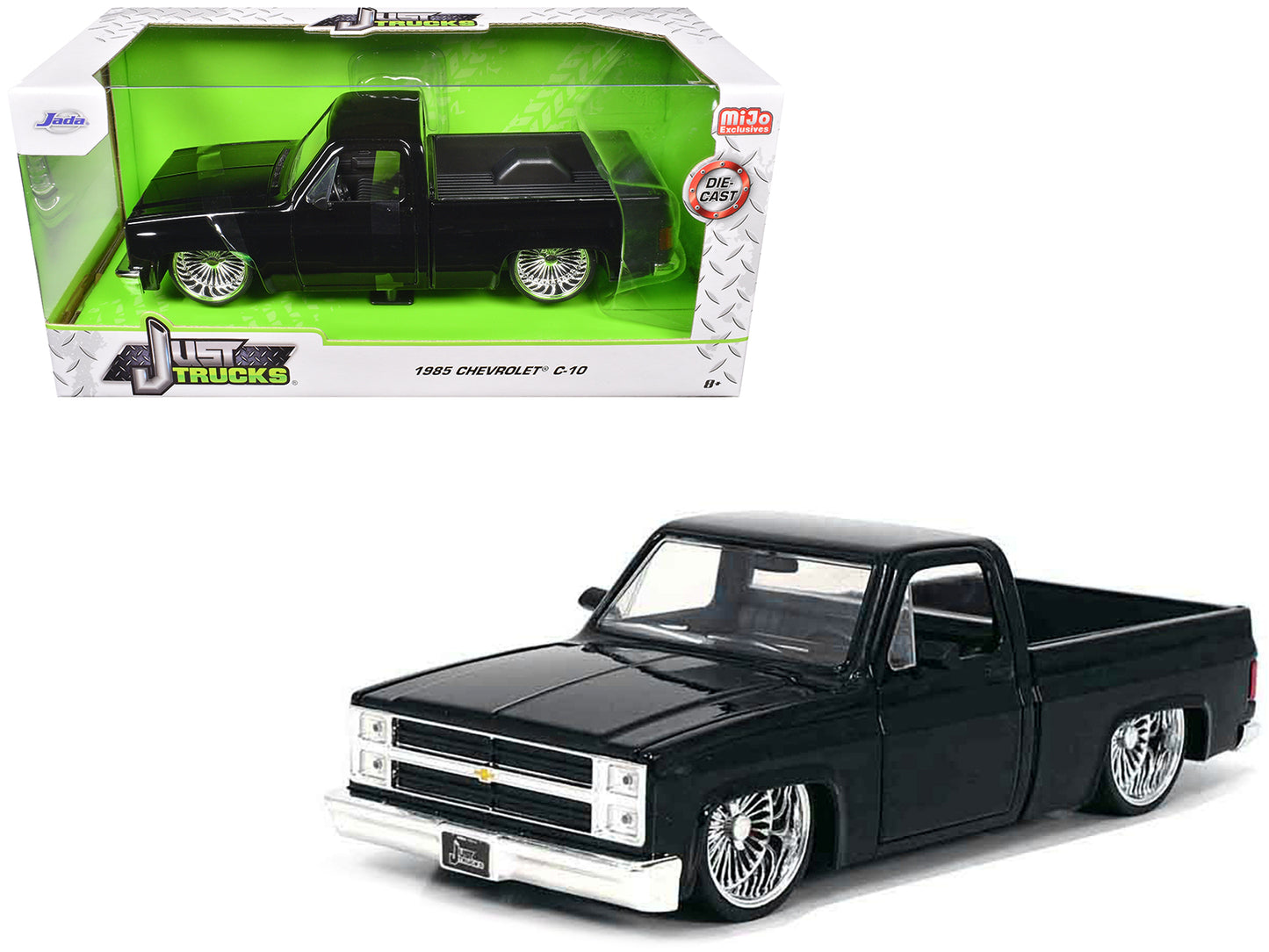 1985 Chevrolet C-10 Pickup Truck Black with Wire Wheels "Just Trucks" Series 1/24 Diecast Model Car by Jada