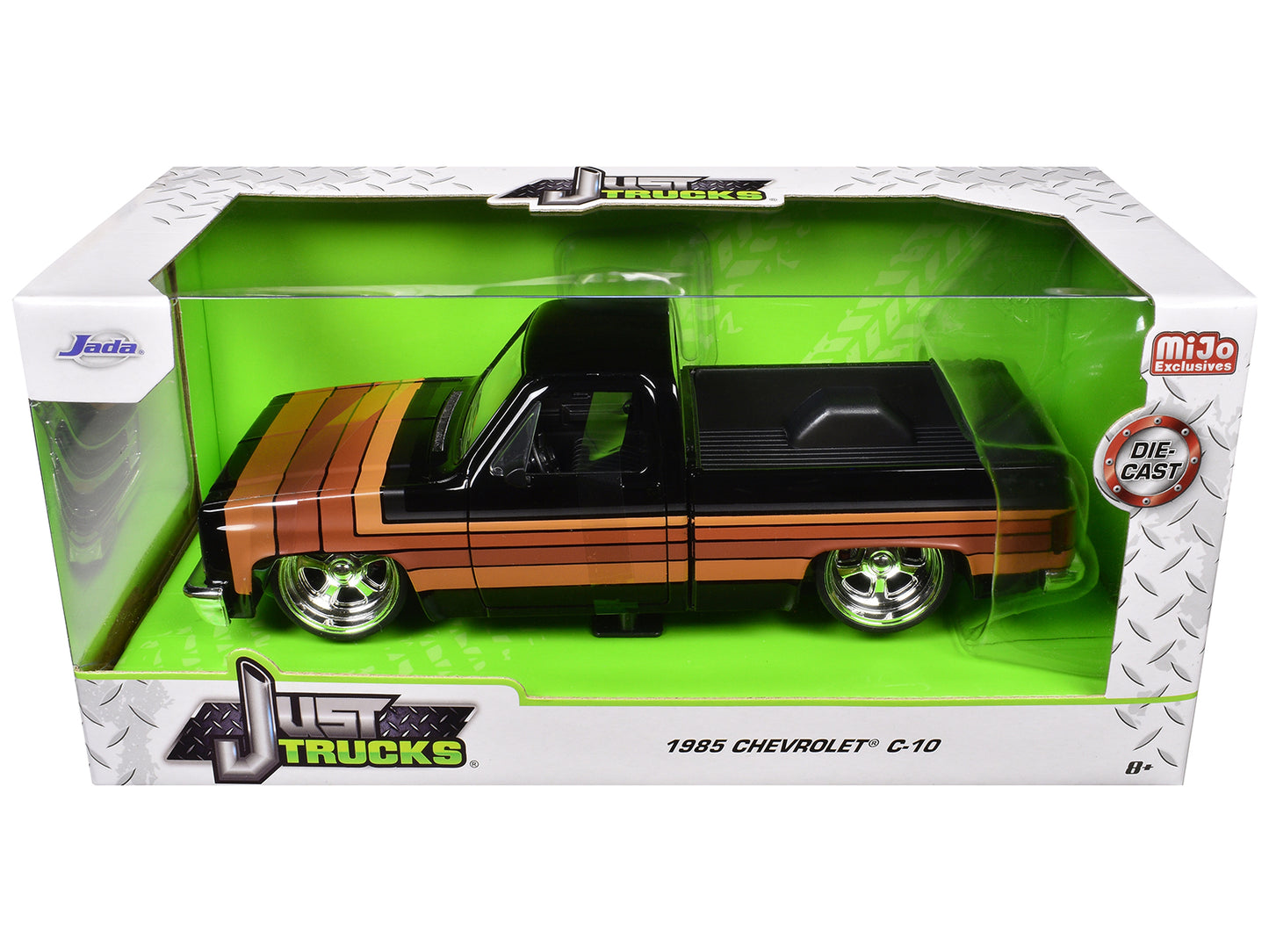 1985 Chevrolet C-10 Pickup Truck Black with Stripes and Paradox Wheels "Just Trucks" Series 1/24 Diecast Model Car by Jada