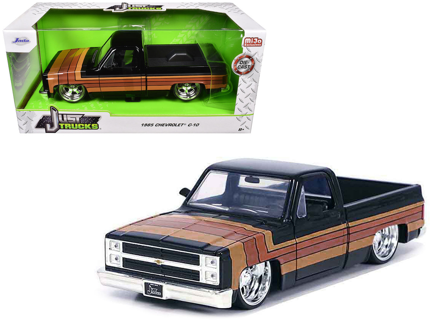 1985 Chevrolet C-10 Pickup Truck Black with Stripes and Paradox Wheels "Just Trucks" Series 1/24 Diecast Model Car by Jada