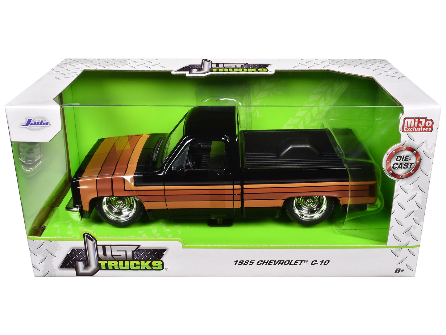 1985 Chevrolet C-10 Pickup Truck Black with Stripes and GM Rally Wheels "Just Trucks" Series 1/24 Diecast Model Car by Jada