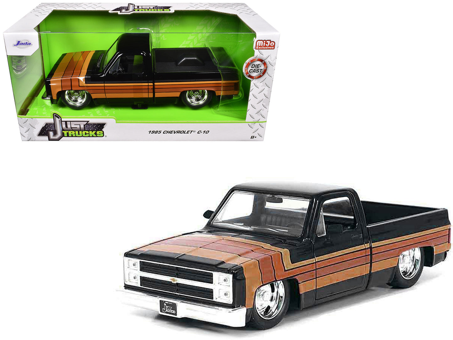 1985 Chevrolet C-10 Pickup Truck Black with Stripes and GM Rally Wheels "Just Trucks" Series 1/24 Diecast Model Car by Jada