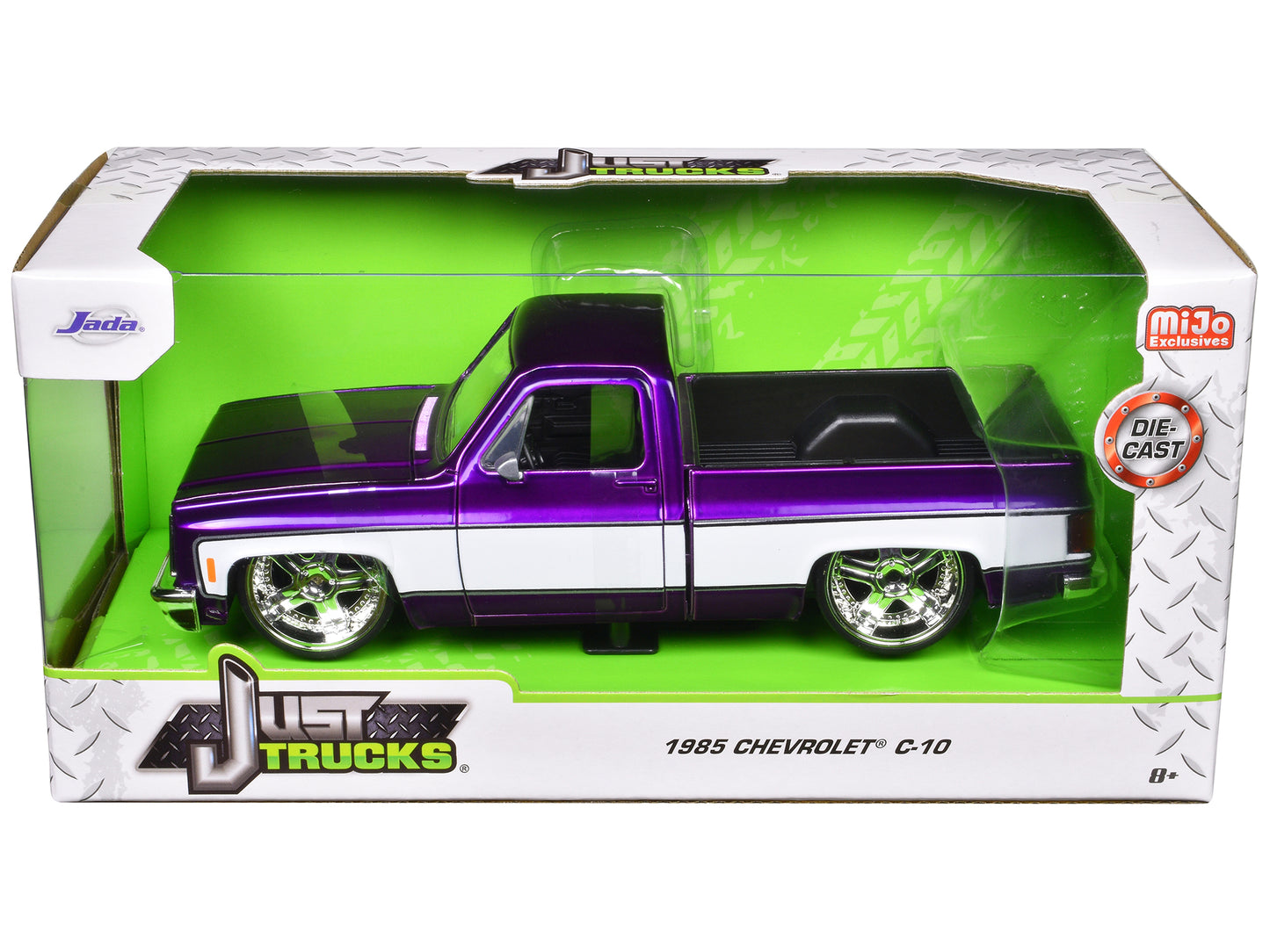 1985 Chevrolet C-10 Pickup Truck Purple Metallic and White with Lorenzo Wheels "Just Trucks" Series 1/24 Diecast Model Car by Jada