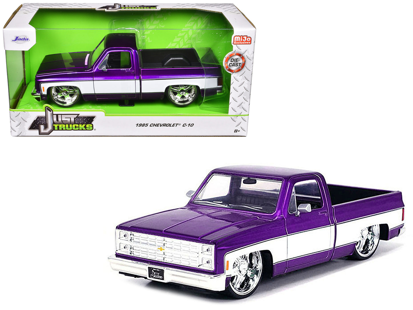 1985 Chevrolet C-10 Pickup Truck Purple Metallic and White with Lorenzo Wheels "Just Trucks" Series 1/24 Diecast Model Car by Jada