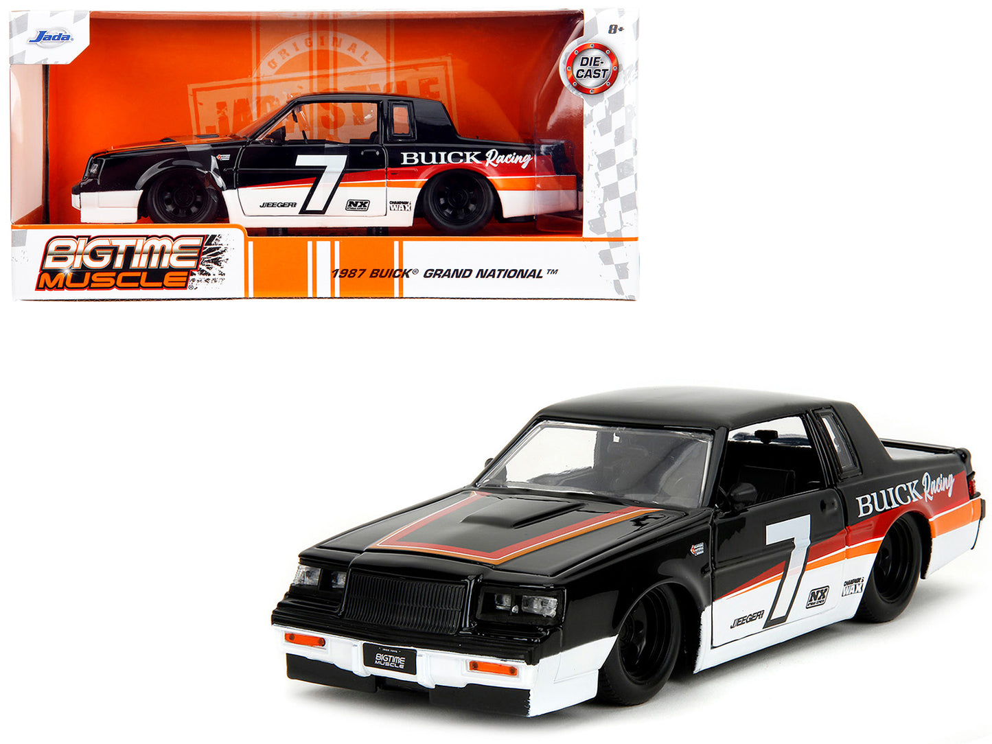 1987 Buick Grand National #7 "Buick Racing" Black and White with Stripes "Bigtime Muscle" Series 1/24 Diecast Model Car by Jada