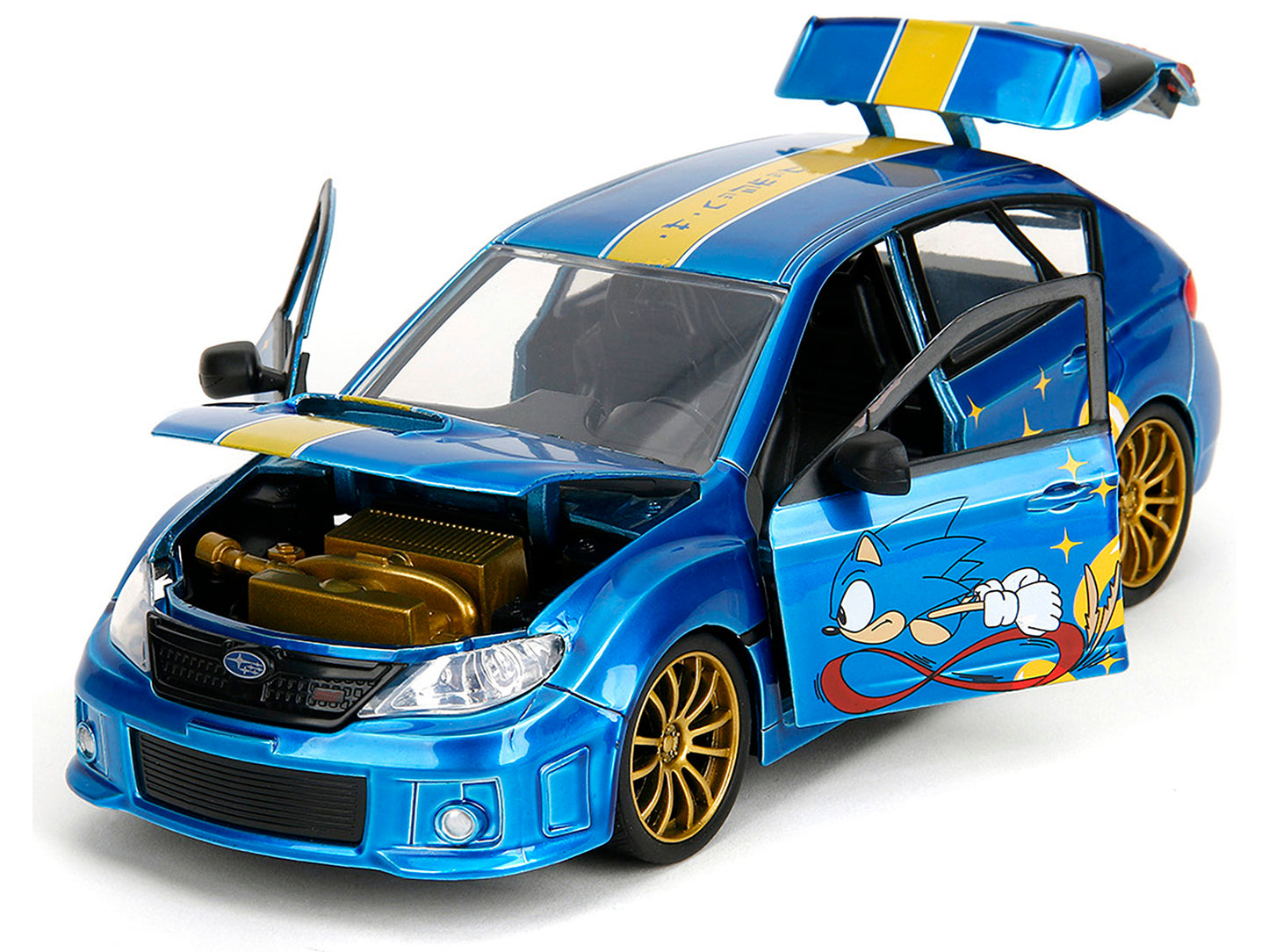 2012 Subaru Impreza WRX STI Blue Metallic with Graphics and Sonic The Hedgehog Diecast Figure "Sonic The Hedgehog" "Hollywood Rides" Series 1/24 Diecast Model Car by Jada