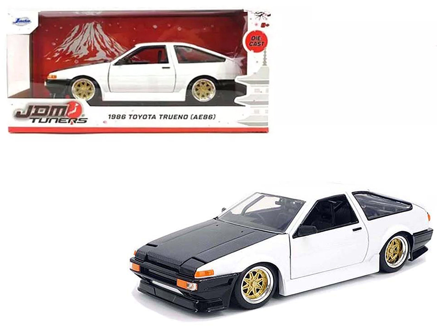 1986 Toyota Trueno (AE86) RHD (Right Hand Drive) White with Black Hood "JDM Tuners" Series 1/24 Diecast Model Car by Jada