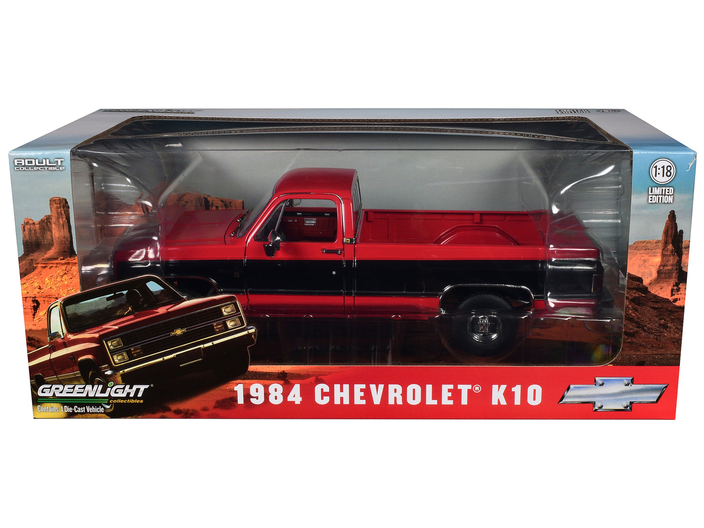 1984 Chevrolet K10 Scottsdale Pickup Truck Apple Red and Midnight Black with Red Interior 1/18 Diecast Model Car by Greenlight