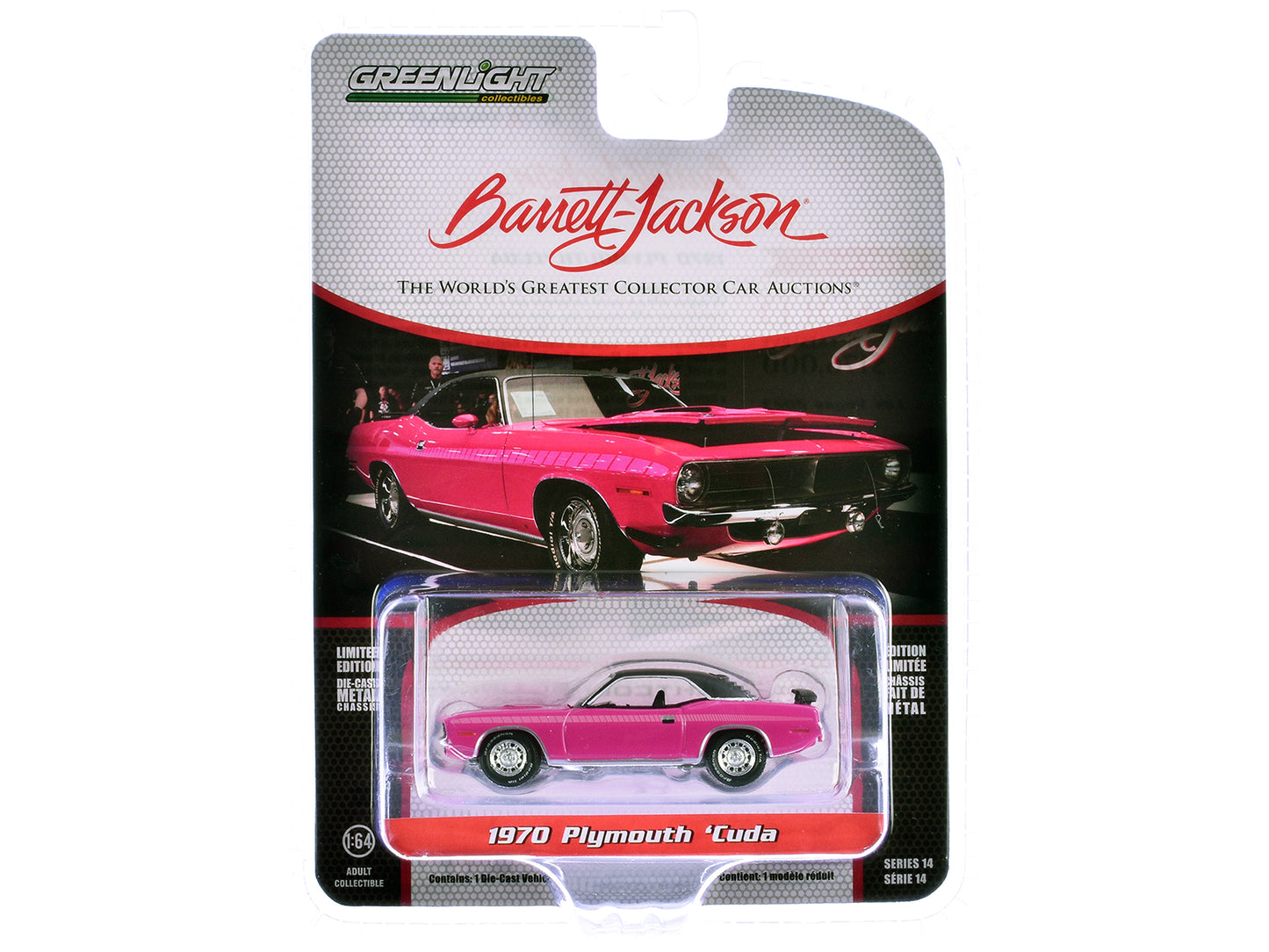 1970 Plymouth Barracuda Moulin Rouge Pink with Black Top (Las Vegas 2023) Barrett Jackson "Scottsdale Edition" Series 14 1/64 Diecast Model Car by Greenlight