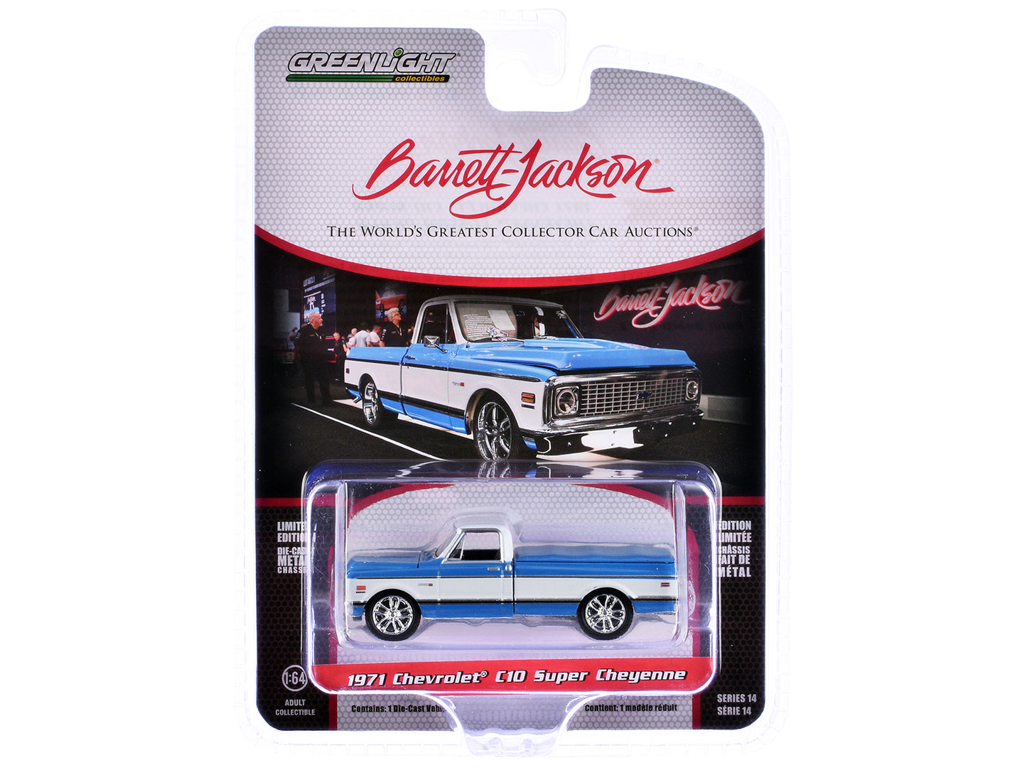 1971 Chevrolet C10 Super Cheyenne Custom Pickup Truck Blue and White (Palm Beach 2023) Barrett Jackson "Scottsdale Edition" Series 14 1/64 Diecast Model Car by Greenlight