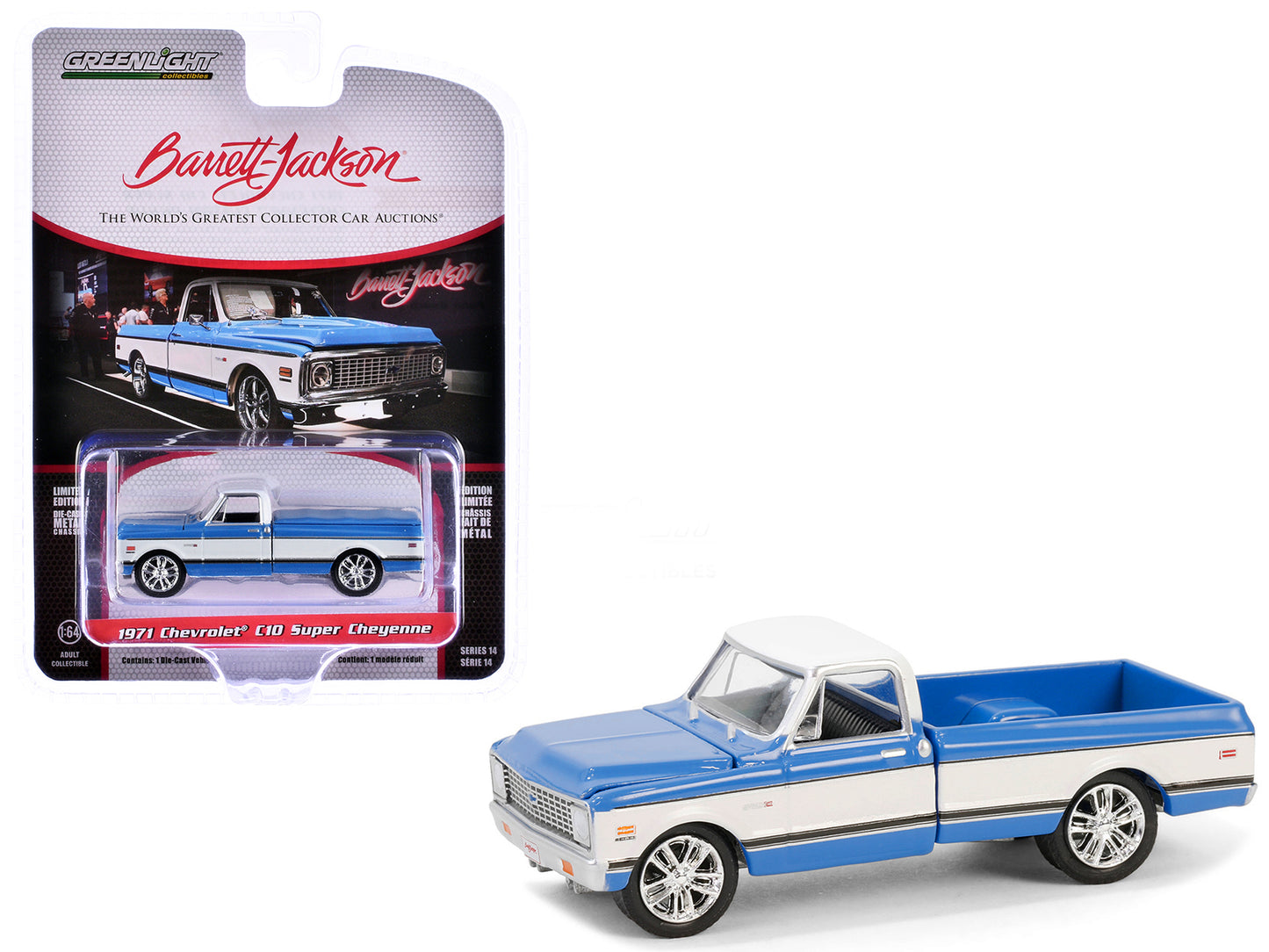 1971 Chevrolet C10 Super Cheyenne Custom Pickup Truck Blue and White (Palm Beach 2023) Barrett Jackson "Scottsdale Edition" Series 14 1/64 Diecast Model Car by Greenlight