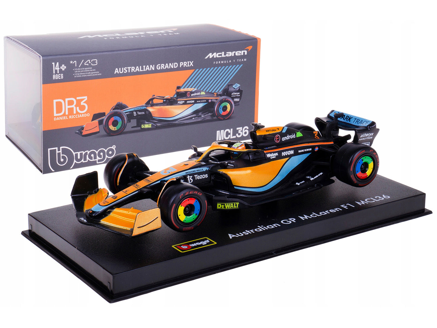 McLaren MCL36 #3 Daniel Ricciardo Formula One F1 "Australian GP" (2022) with Display Case 1/43 Diecast Model Car by Bburago