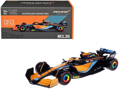 McLaren MCL36 #3 Daniel Ricciardo Formula One F1 "Australian GP" (2022) with Display Case 1/43 Diecast Model Car by Bburago