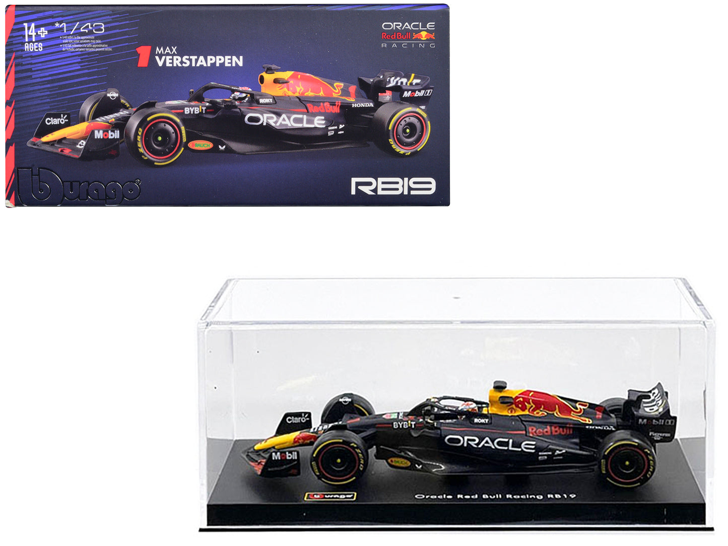 Red Bull Racing RB19 #1 Max Verstappen "Oracle" Formula One F1 World Championship (2023) with Driver Figure and Display Case "Race" Series 1/43 Diecast Model Car by Bburago