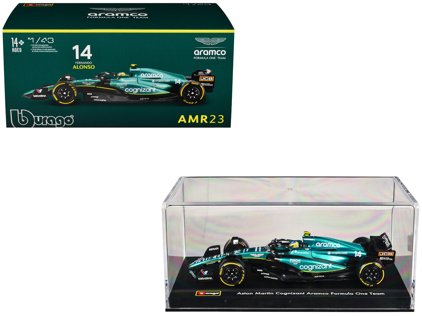 Aston Martin AMR23 #14 Fernando Alonso "Cognizant Aramco F1 Team" Formula One F1 World Championship (2023) with Display Case "Race" Series 1/43 Diecast Model Car by Bburago