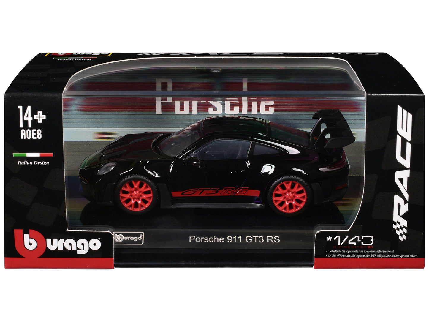 Porsche 911 GT3 RS Black with Red Stripes and Wheels "Race" Series 1/43 Diecast Model Car by Bburago