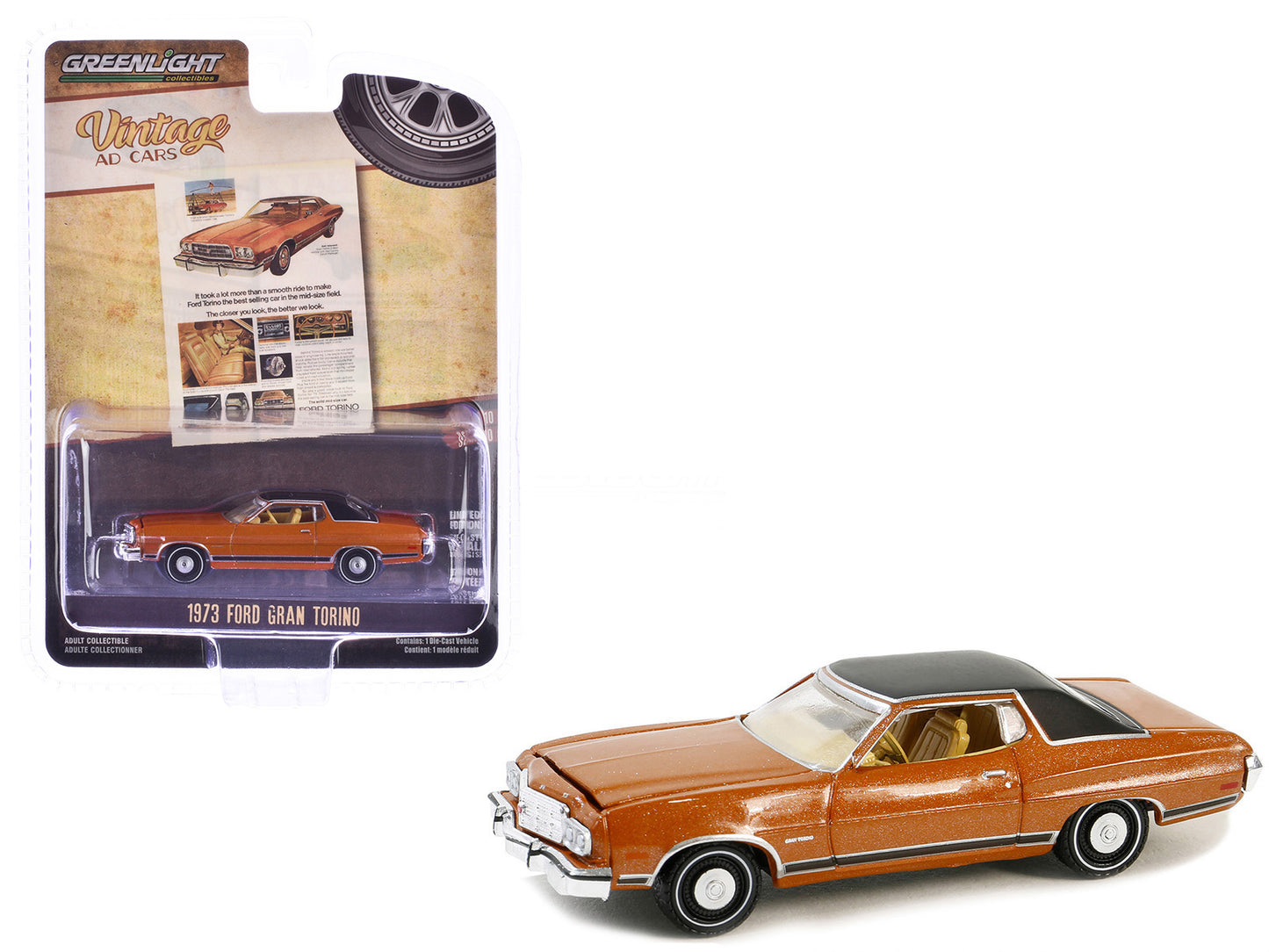 1973 Ford Gran Torino Copper Metallic with Black Vinyl Top "Vintage Ad Cars" Series 10 1/64 Diecast Model Car by Greenlight