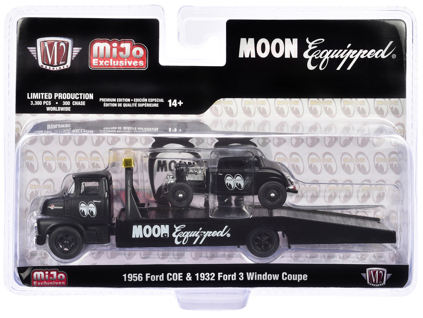 1956 Ford COE Ramp Truck Matt Black and 1932 Ford 3 Window Coupe Matt Black "Mooneyes" Limited Edition to 3300 pieces Worldwide 1/64 Diecast Model by M2 Machines