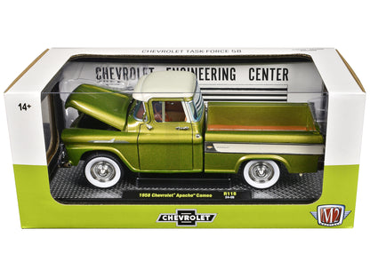 1958 Chevrolet Apache Cameo Pickup Truck Olive Green Metallic with Wimbledon White Top Limited Edition to 6250 pieces Worldwide 1/24 Diecast Model Car by M2 Machines