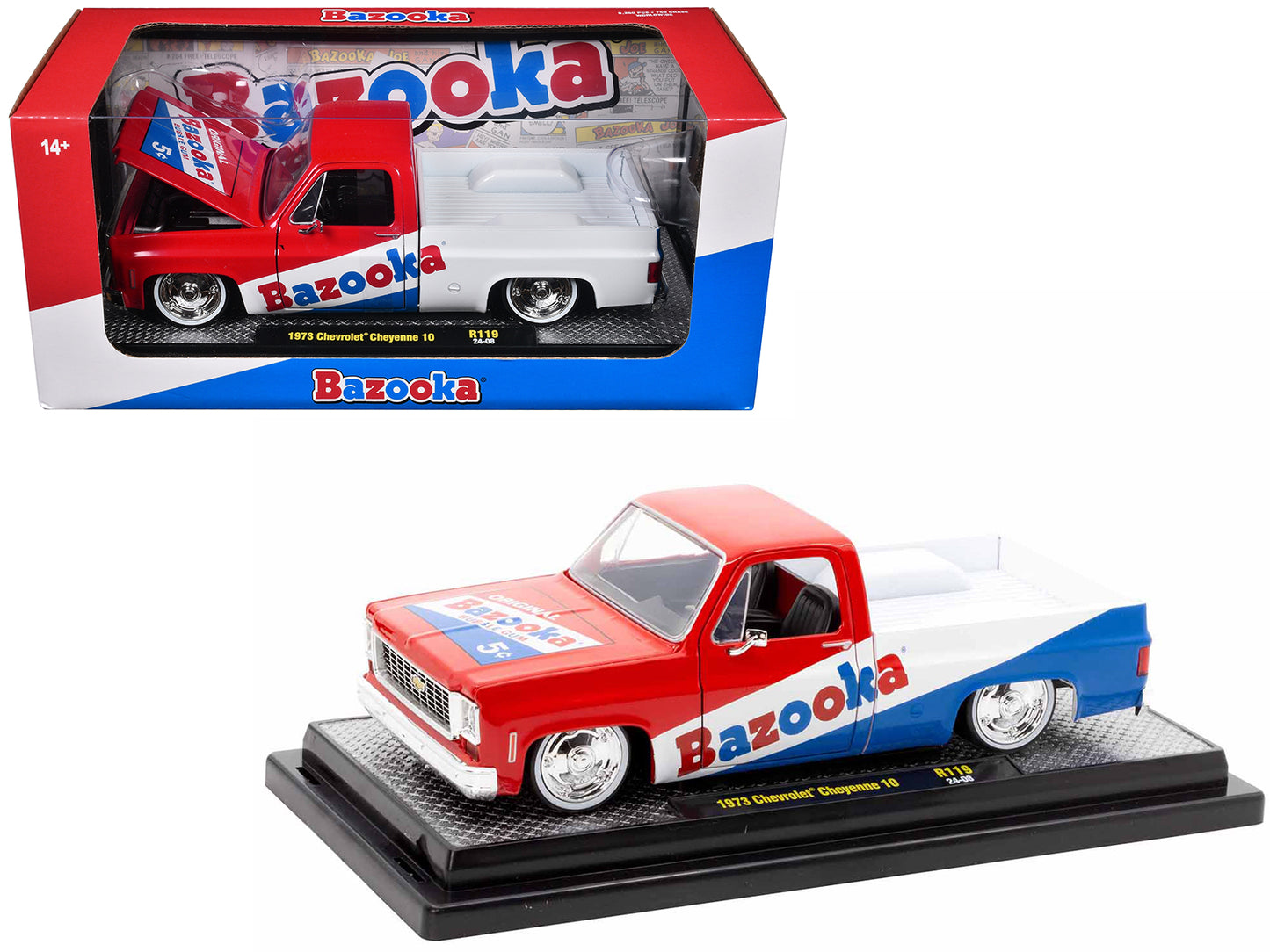 1973 Chevrolet Cheyenne 10 Pickup Truck Red and Blue with White Stripe "Bazooka Bubble Gum" Limited Edition to 6250 pieces Worldwide 1/24 Diecast Model Car by M2 Machines