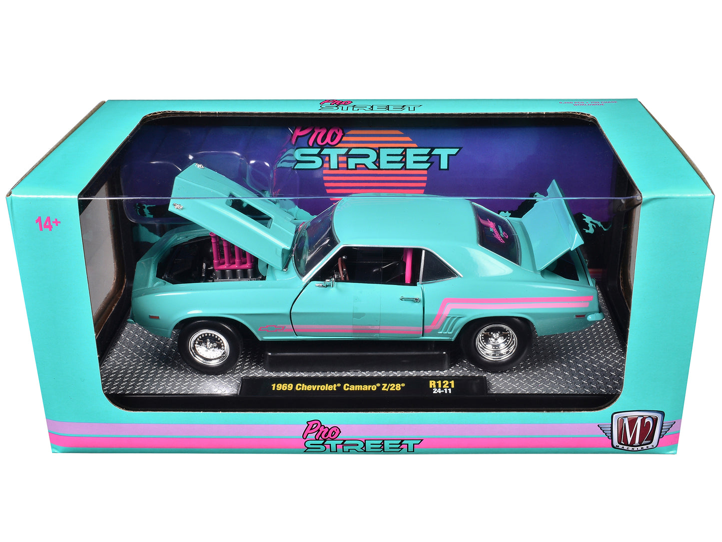 1969 Chevrolet Camaro Z/28 Light Blue with Pink Stripes "Pro Street" Limited Edition to 6250 pieces Worldwide 1/24 Diecast Model Car by M2 Machines