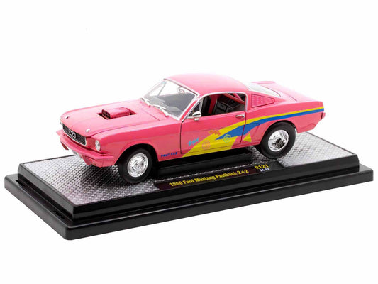 1966 Ford Mustang Fastback 2+2 Pink with Blue and Yellow Stripes "Pro Street" Limited Edition to 6250 pieces Worldwide 1/24 Diecast Model Car by M2 Machines