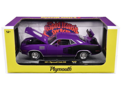 1971 Plymouth Barracuda 340 Purple with Black Limited Edition to 6650 pieces Worldwide 1/24 Diecast Model Car by M2 Machines