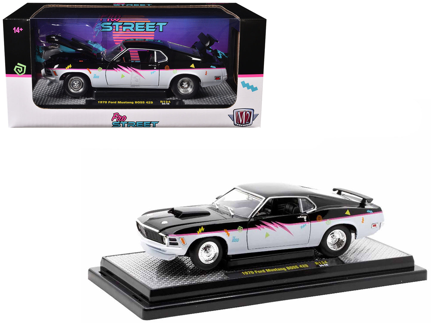 1970 Ford Mustang BOSS 429 "Pro Street" Black and Gray with Graphics Limited Edition to 6650 pieces Worldwide 1/24 Diecast Model Car by M2 Machines