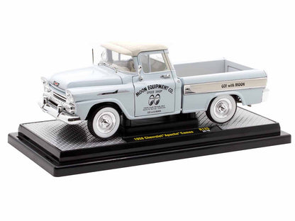 1958 Chevrolet Apache Cameo Pickup Truck "Mooneyes" Light Gray with White Top Limited Edition to 6650 pieces Worldwide 1/24 Diecast Model Car by M2 Machines