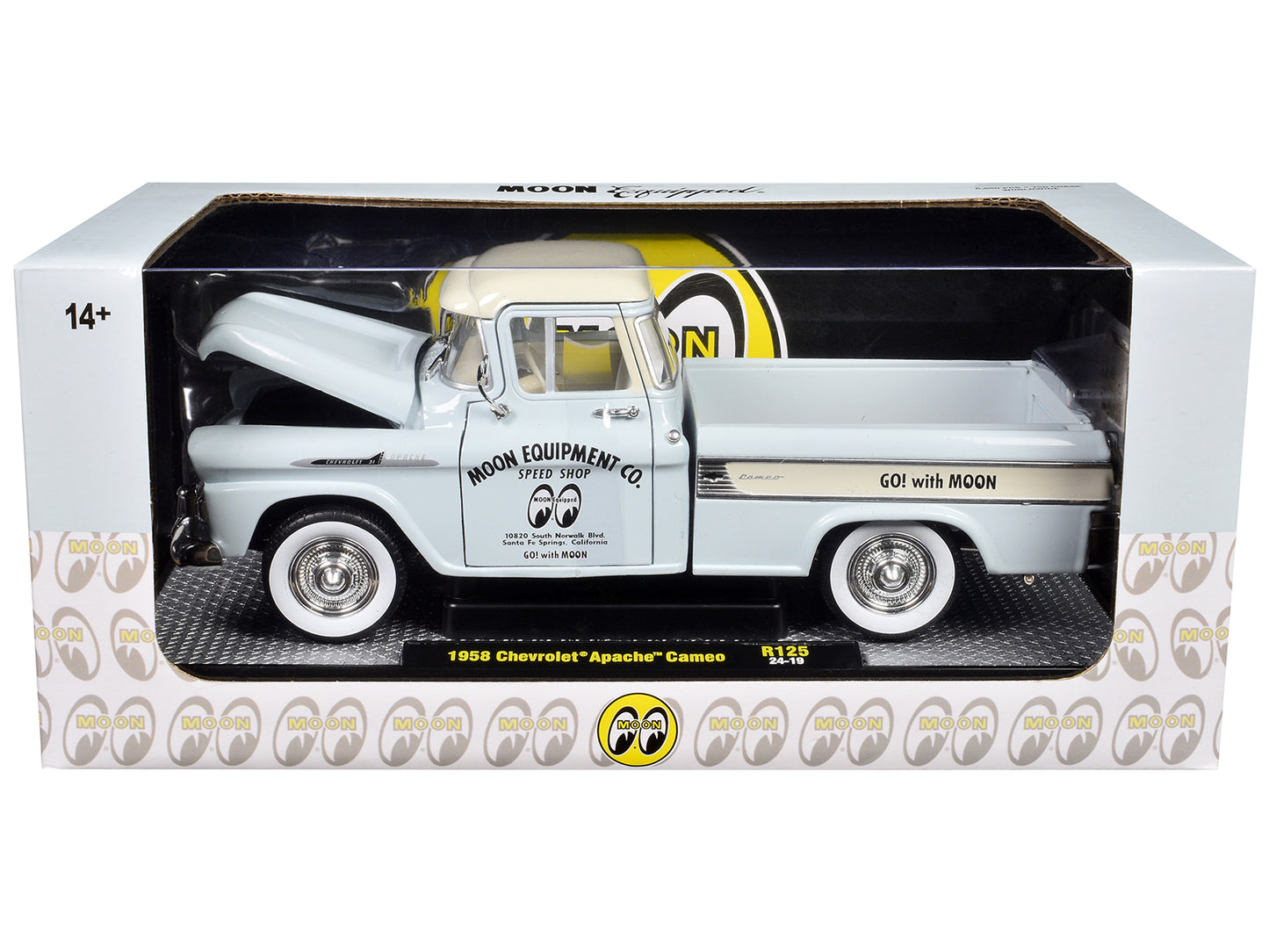 1958 Chevrolet Apache Cameo Pickup Truck "Mooneyes" Light Gray with White Top Limited Edition to 6650 pieces Worldwide 1/24 Diecast Model Car by M2 Machines