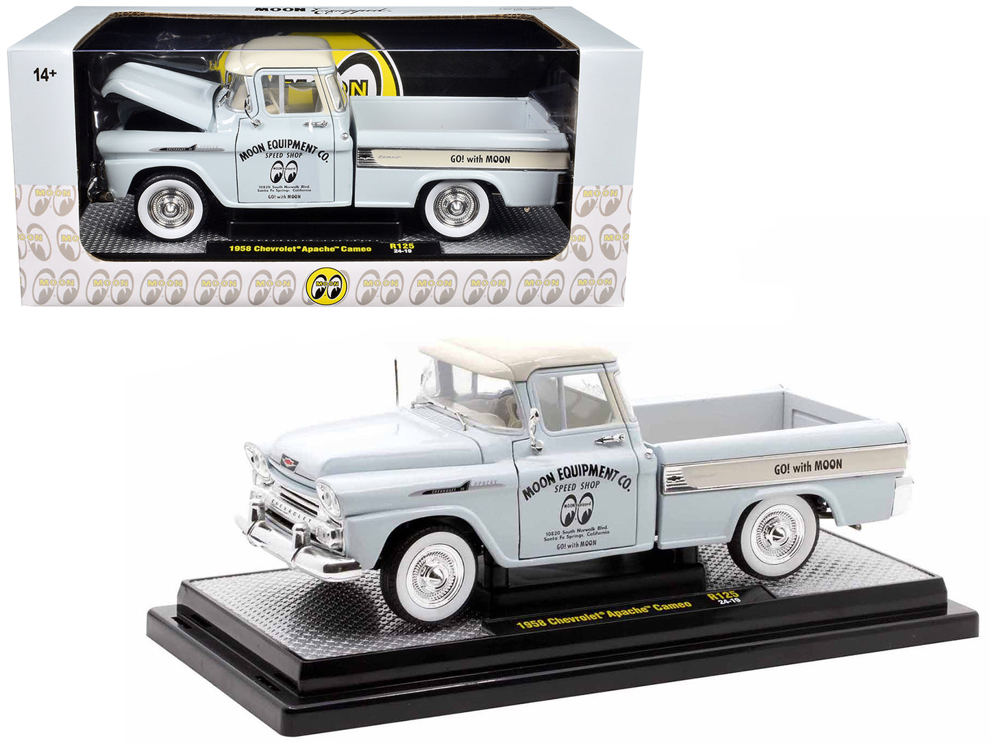 1958 Chevrolet Apache Cameo Pickup Truck "Mooneyes" Light Gray with White Top Limited Edition to 6650 pieces Worldwide 1/24 Diecast Model Car by M2 Machines