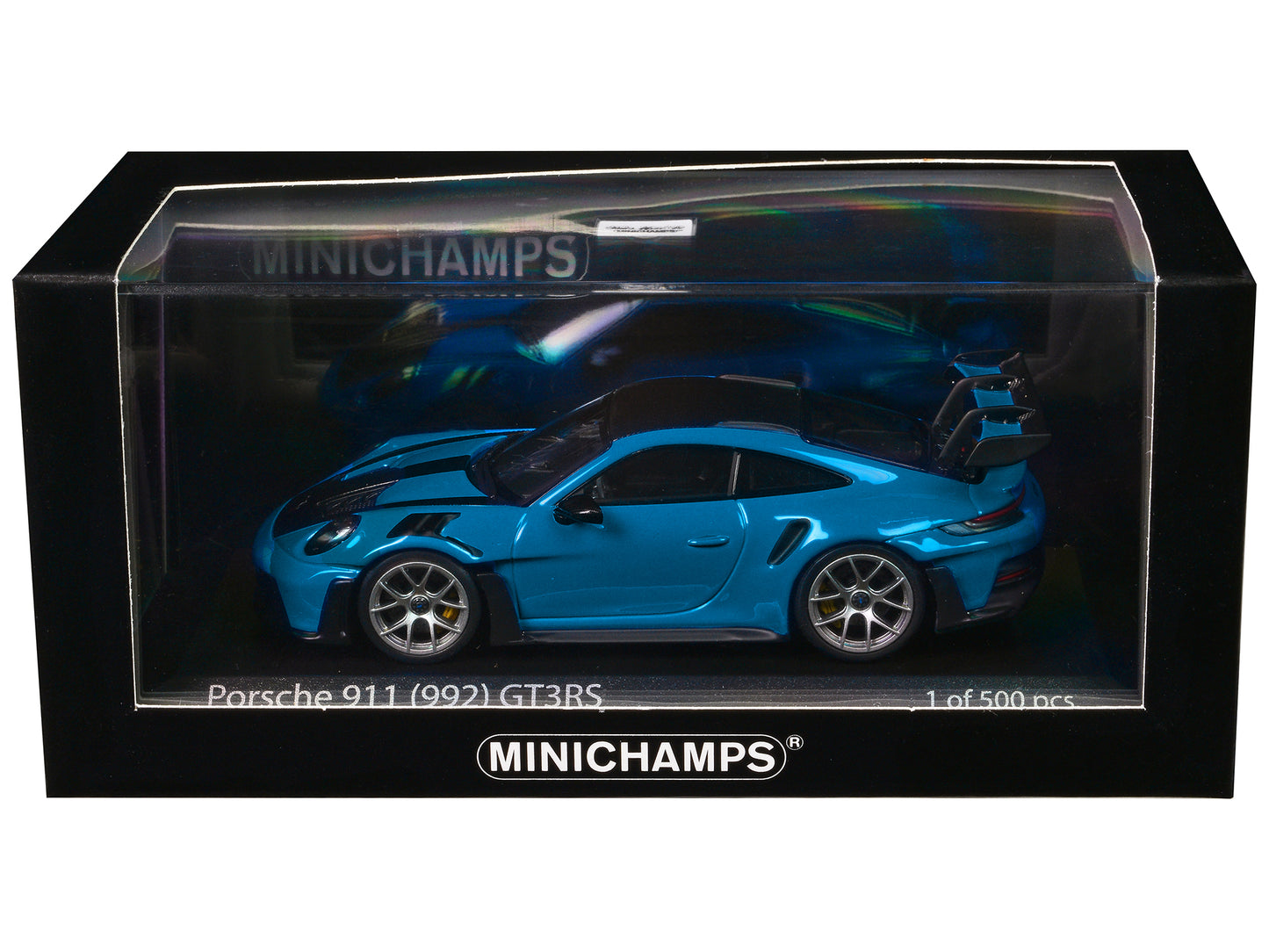 2023 Porsche 911 (992) GT3 RS "Weissach Package" Blue with Carbon Stripes and Top Limited Edition to 500 pieces Worldwide 1/43 Diecast Model Car by Minichamps