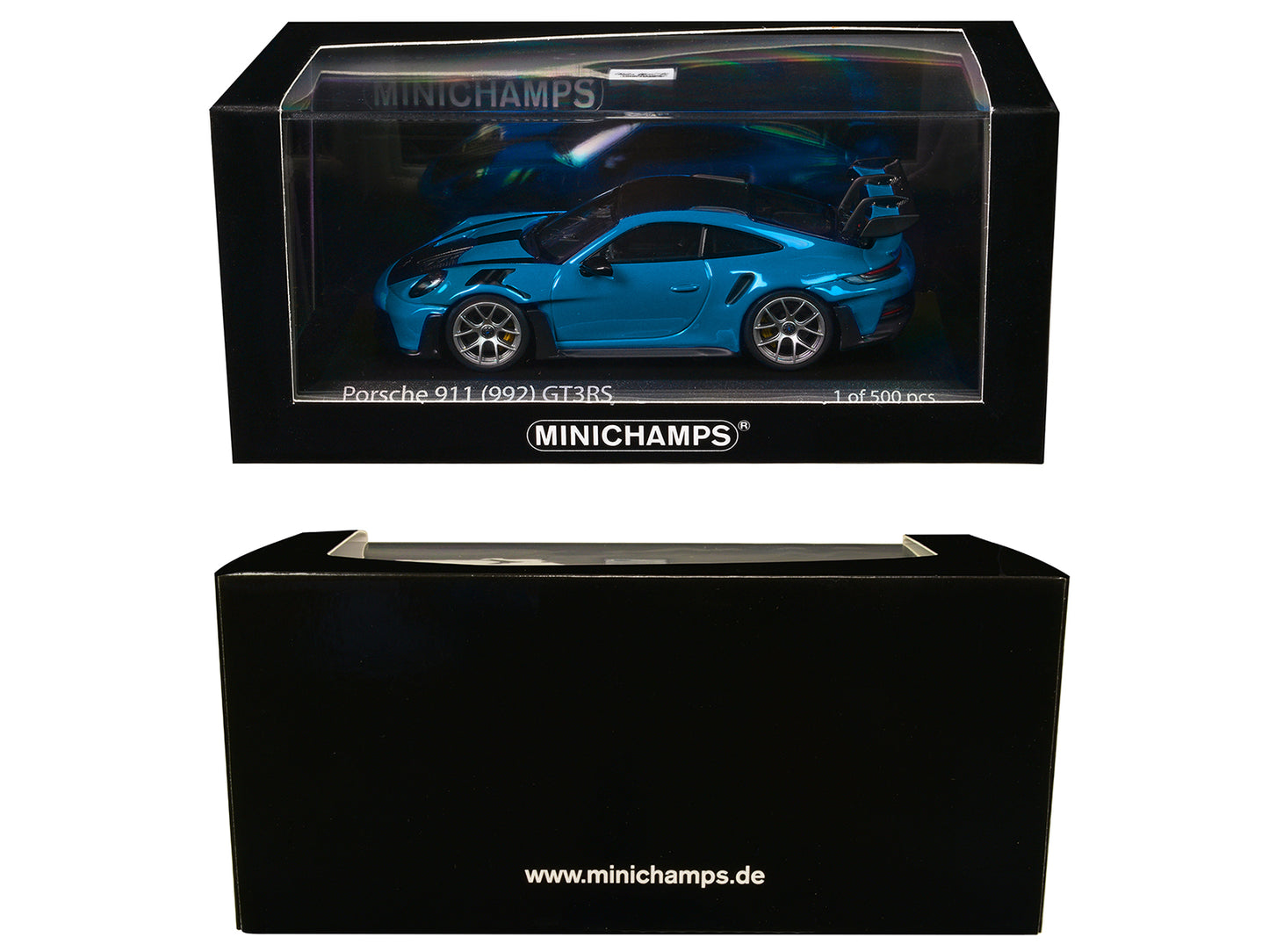 2023 Porsche 911 (992) GT3 RS "Weissach Package" Blue with Carbon Stripes and Top Limited Edition to 500 pieces Worldwide 1/43 Diecast Model Car by Minichamps