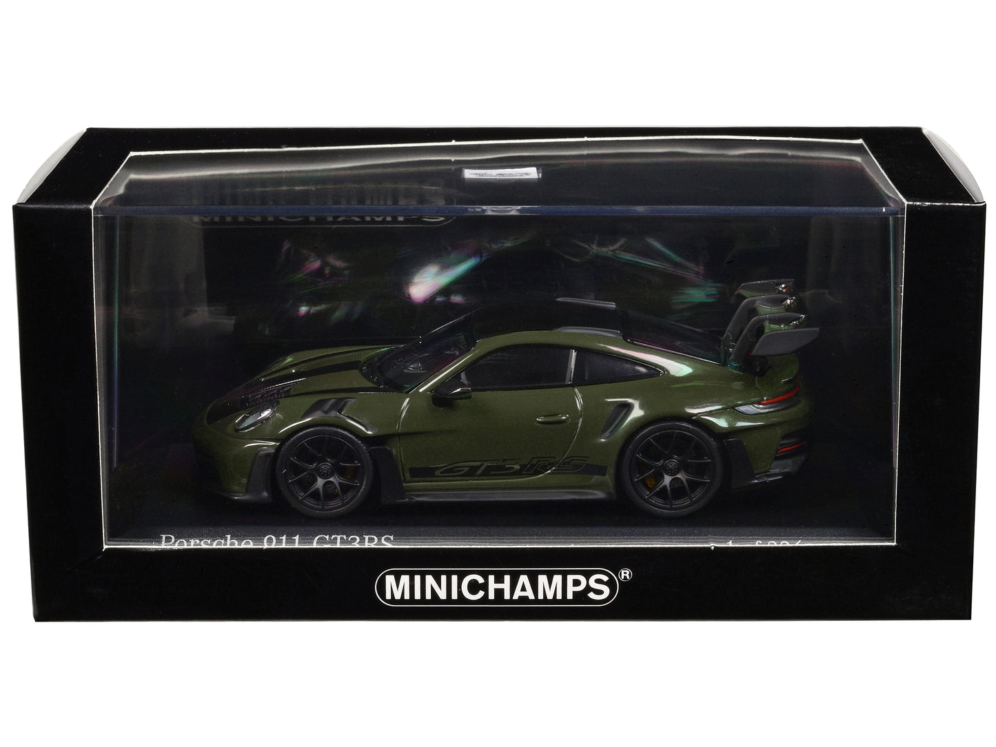 2023 Porsche 911 (992) GT3 RS "Weissach Package" Olive Green with Carbon Stripes and Top Limited Edition to 336 pieces Worldwide 1/43 Diecast Model Car by Minichamps