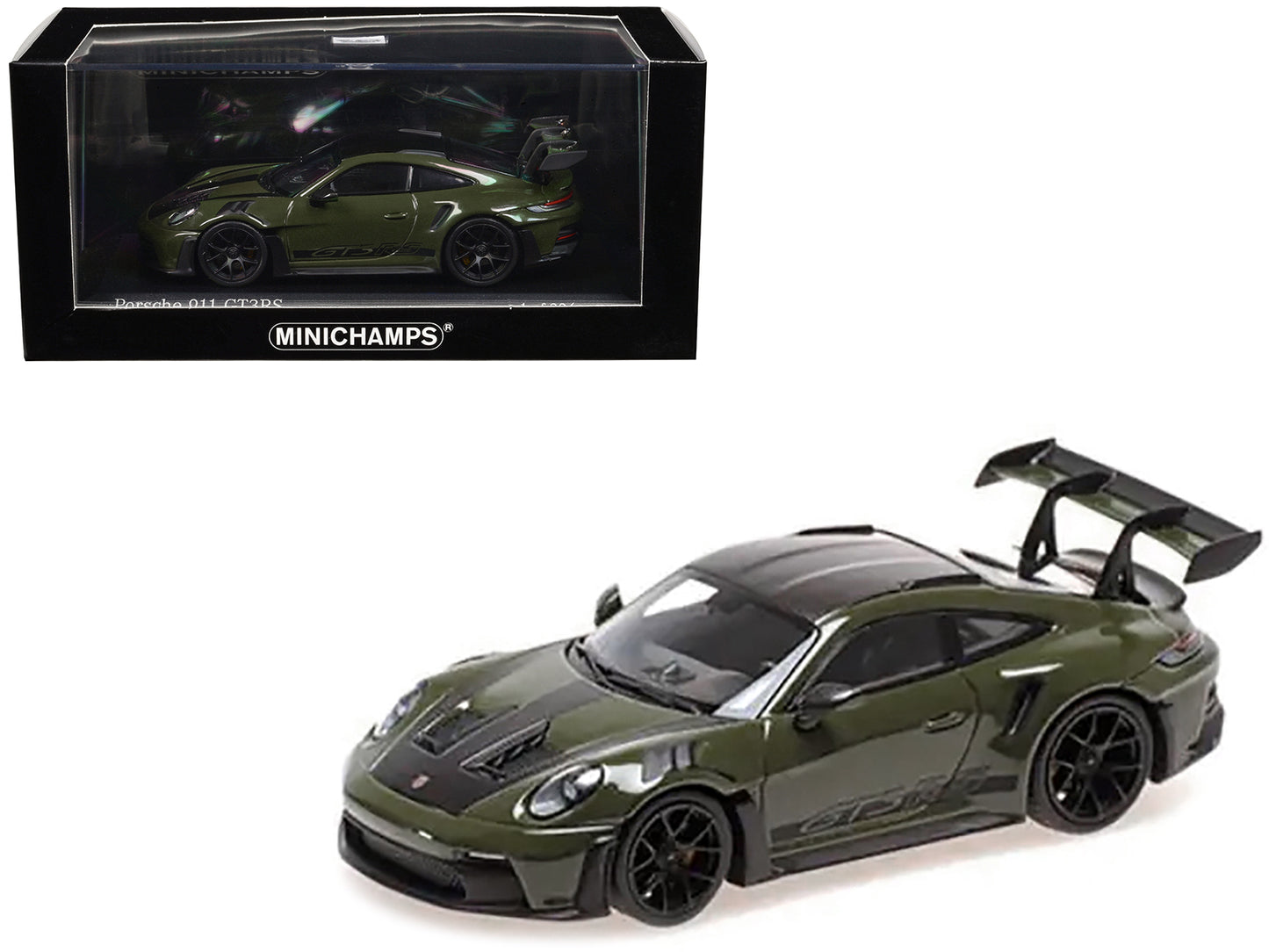 2023 Porsche 911 (992) GT3 RS "Weissach Package" Olive Green with Carbon Stripes and Top Limited Edition to 336 pieces Worldwide 1/43 Diecast Model Car by Minichamps