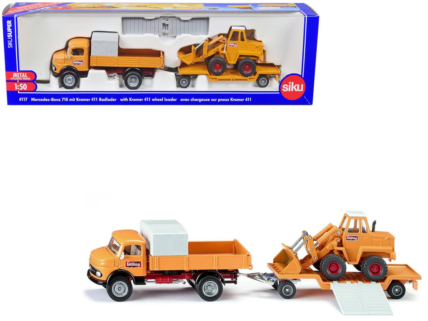 Mercedes-Benz 710 Truck Yellow and Kramer 411 Wheel Loader Yellow with Trailer 1/50 Diecast Models by Siku